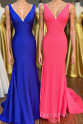 Royal Blue V-Neck Open Back Mermaid Long Evening Prom Dress