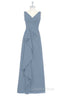 Dusty Blue V-Neck Banded Waist Ruffled Long Bridesmaid Dress
