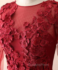 Burgundy Lace Satin Long Evening Prom Dress, Burgundy Lace Evening Dress