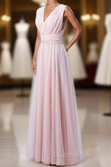 Blush Pink V-Neck Lace-Up A-Line Bridesmaid Dress