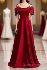 Burgundy Satin Beads Long Evening Prom Dress, Burgundy Evening Dress
