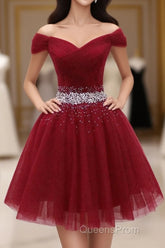 Burgundy Tulle Sequin Short Evening Prom Dress, Burgundy Homecoming Dress, 1