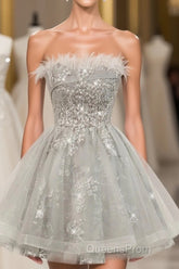 Gray Sweetheart Lace Tulle Short Evening Prom Dress, Gray Cocktail Dress