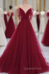 Wine Red Tulle V-Neckline Off Shoulder With Bow, Wine Red Tulle Long Evening Prom Dress