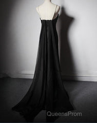 Black Soft Satin A-Line Floor Length Evening Prom Dress, Black Straps Long Evening Dress