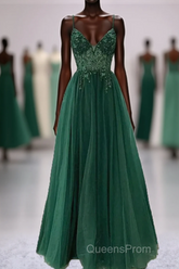 Green V-Neckline Beaded Tulle Floor Length Party Dress, A-Line Green Evening Prom Dress