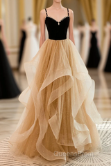 A-Line Champagne Tulle Sweetheart Beaded Long Evening Prom Dress, Tulle Layers Party Dress