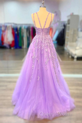 A-Line Tulle Princess Light Purple Evening Prom Dress With Appliques, Tulle Straps Formal Dress