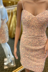 Pink Sequin Bodycon Homecoming Dress with Straps