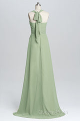 Halter Sage Pleated Ruffles Long Bridesmaid Dress