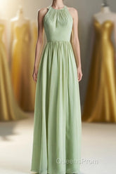 Sage Green Chiffon High Neck Long Bridesmaid Dress