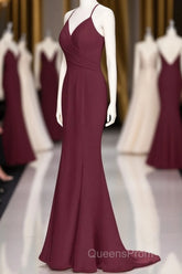 Burgundy Chiffon Spaghetti Straps A-line Long Bridesmaid Dress