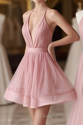Simple Pink Tulle Short Evening Prom Dress, Pink Cocktail Dress