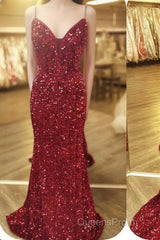 Mermaid Red Sequin V-Neck Lace-Up Back Evening Prom Dress