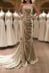Gold Sequins Mermaid Scoop Long Evening Dress, Gold Long Evening Prom Dress Party Dress