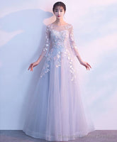 Gray Round Neck Tulle Lace Applique Long Prom Dress Gray Evening Dress