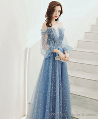 Blue Round Neck Tulle Sequin Long Prom Dress Tulle Evening Dress