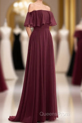 Burgundy Chiffon Strapless Ruffled A-Line Long Bridesmaid Dress