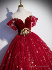 Burgundy Tulle Sequin Long Prom Dress, Burgundy Tulle Formal Dress