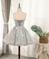 Gray Sweetheart Lace Tulle Short Evening Prom Dress, Gray Cocktail Dress