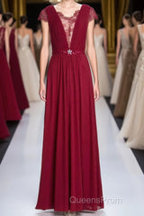 Wine Red A-line Chiffon Long Bridesmaid Dress with Cap Sleeves