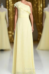 One Shoulder Yellow Ruffles A-line Long Bridesmaid Dress