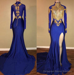 Charming African Royal Blue Side Slit Sheath Long Sleeves Prom Dresses