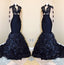 Dark Navy Mermaid Long Sleeves See Through Leaves Pleated African Prom Dresses