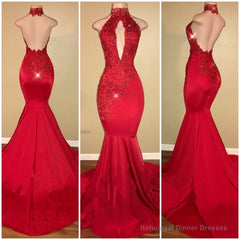 Sexy Mermaid Red High Neck Backless African Open Front Long Prom Dresses