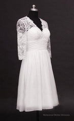 2025 A Line Cheap V Neck Long Sleeves Chiffon Knee Length Short Lace Wedding Dresses