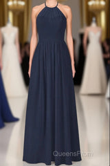 Elegant Navy Blue Chiffon A-line Long Bridesmaid Dress