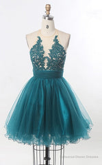 A Line Scoop Sleeveless Sheer Appliques Tulle Pleated Ruched Backless Homecoming Dresses