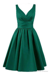 Sleeveless Pleated Hunter Ruched V Neck A Line Satin Elegant Homecoming Dresses