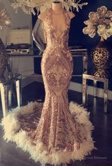 2025 Sexy Gold Sequence V Neck Halter Backless Feathers Prom Dresses