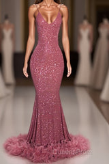 2023 Charming Mermaid Hot Pink Sequence With Feathers Halter Backless Evening Prom Dress