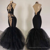 2025 Sexy Prom Dresses, Black Mermaid Tulle With Gold Appliques V Neck Backless