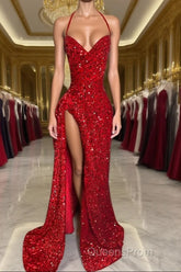 Halter Burgundy High Split Floor Length Evening Prom Dress