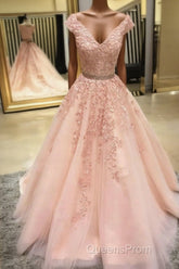 Pink Sleeveless V Neck Tulle Lace Applique Long Evening Prom Dress