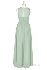 Sage Green Chiffon Sheer Neck A-Line Long Bridesmaid Dress