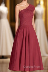 One-Shoulder Burgundy Lace A-Line Short Bridesmaid Dress