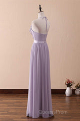 Lilac Halter Open Back Ruffled Long Bridesmaid Dress