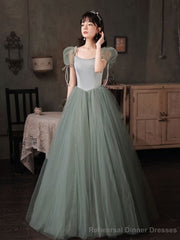 Gray Green Tulle Long Prom Dress Green Tulle Formal Dress