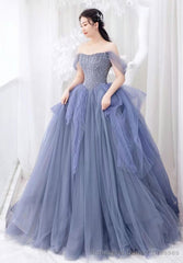 Blue Sweetheart Neck Tulle Beads Sequin Long Prom Dress
