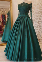 2025 A Line Dark Green Long Sleeves Off Shoulder Appliques Long Prom Dresses