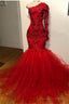 Mermaid 2025 Red Long Sleeves Tulle Beaded Long Prom Dresses