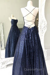 Long Navy Blue Sequin Evening Prom Dress