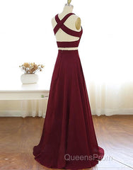 Two Piece Evening Prom Dress A-Line Floor-length Burgundy Chiffon Evening Prom Dress
