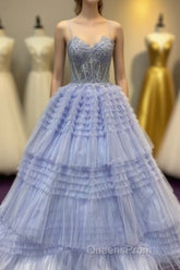 Periwinkle Lace Sweetheart Tiered Long Evening Prom Dress with Ruffles