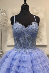 Periwinkle Lace Sweetheart Tiered Long Evening Prom Dress with Ruffles