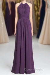 Purple Halter A-line Pleated Long Bridesmaid Dress